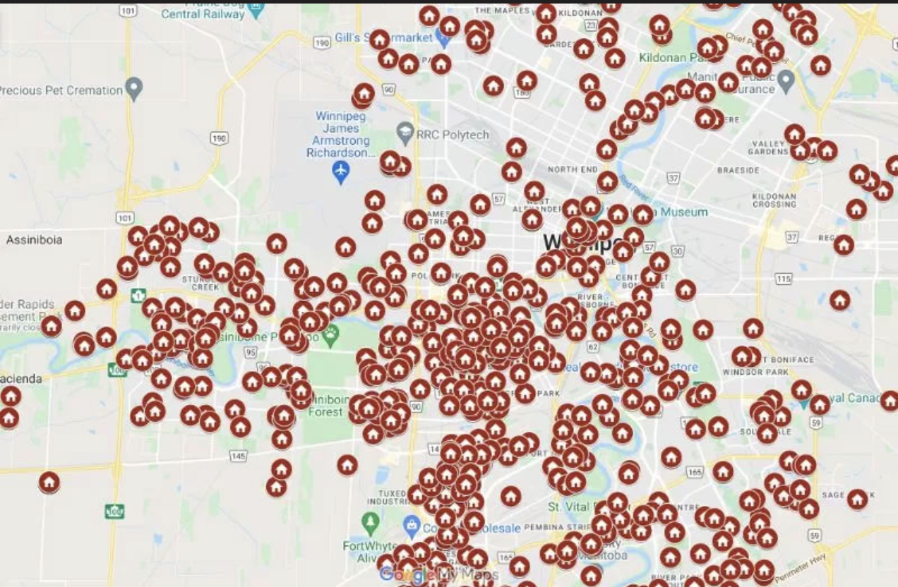 Colour Scheme service area map — hundreds of completed projects across Winnipeg